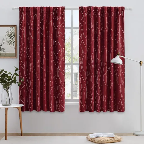Vista 2 de HOMEIDEAS – Cortinas opacas burdeos/rojas de 52 x 63 pulgadas, 2 paneles, línea ondulada plateada con lunares impresos al reverso, cortinas
