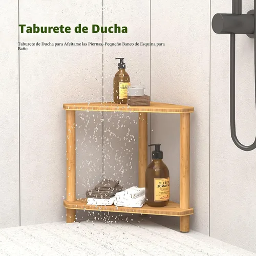 Vista 5 de Taburete de ducha de bambú de esquina, taburete de ducha impermeable de 2 niveles para dentro de la ducha, para afeitar las piernas, espacios