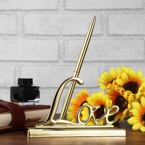 Vista 3 de Nuobesty Juego de bolígrafos de boda con soporte de amor chapado en oro, bolígrafo metálico decorativo para firma de libros de invitados y accesorio