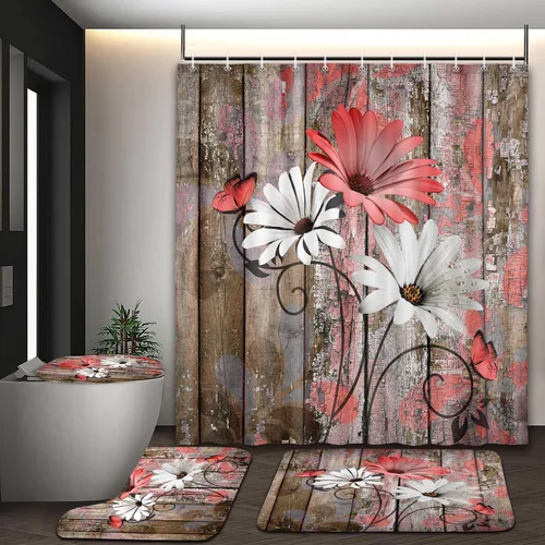 Vista 30 de JAWO Alfombra de baño con flores de granja, dalia en tablones de madera rústica, juego de tapetes de baño con flores azules, en forma de U