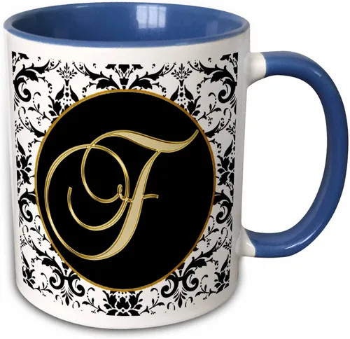 Vista 10 de 3dRose Image of The Script Letter F in Black White and Gold 11oz Two-Tone Black Mug