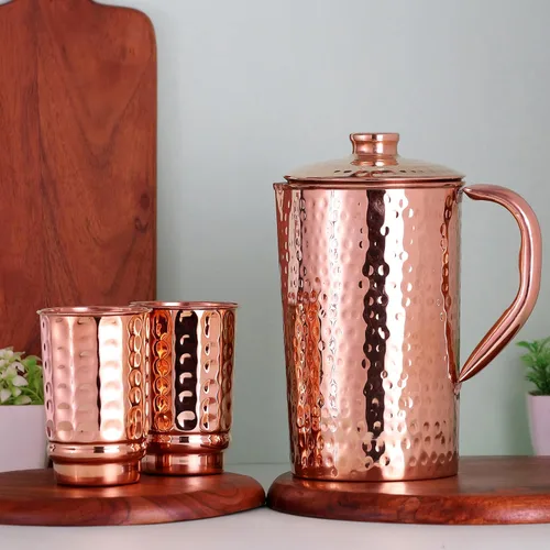 Vista 4 de Jarra de cobre de 50.72 onzas con 2 tazas de cobre Juego de jarra de agua de cobre puro y tazas a juego para el hogar y el bienestar, acabado