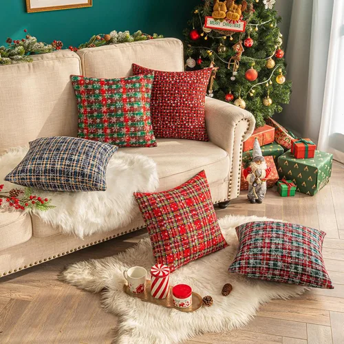 Vista 3 de MOJUN Paquete de 2 fundas de almohada decorativas de Navidad, fundas de almohada de copo de nieve a cuadros de Navidad, decoración de vacaciones