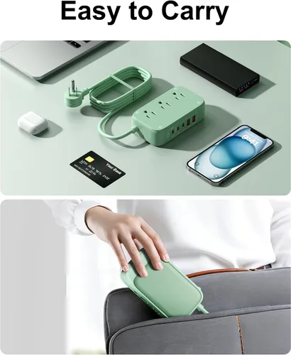 Vista 6 de Estación de carga USB de 5 pies con tomas, tira de alimentación de viaje USB C plana PD 20 W cargador con salidas de CA de 2500 W, 3 puertos USB-C