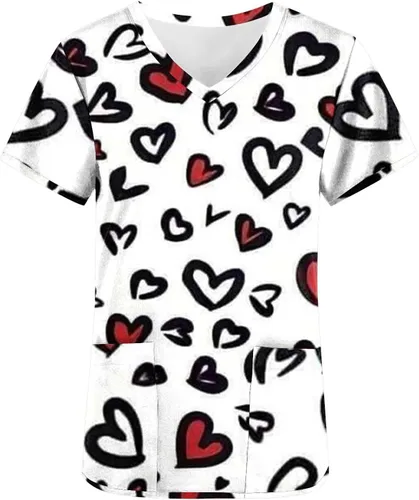 Vista 3 de Camisetas de uniforme de trabajo con cuello en V y estampado de amor para el día de San Valentín para mujer, blusas con bolsillos