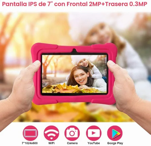 Vista 5 de PRITOM tableta para niños de 7 pulgadas Quad Core Android 13, 32 GB ROM WiFi, Bluetooth, cámara dual Educativo, juegos, control parental, Rosa