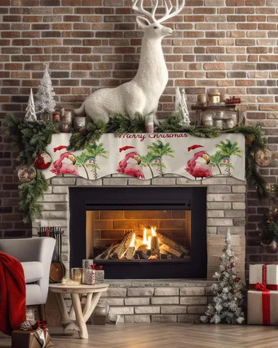 Vista 2 de Bufanda de manto de Feliz Navidad, 60 x 17 pulgadas, flamenco tropical, palmera, chimenea, mantel de chimenea, cubierta de mantel para Navidad