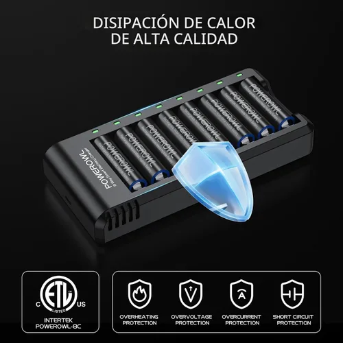 Vista 7 de Powerowl Cargador de Batería de 8 Compartimentos AA AAA, Carga USB de Alta Velocidad, Compartimento Independiente, para Baterías Recargables Ni-MH