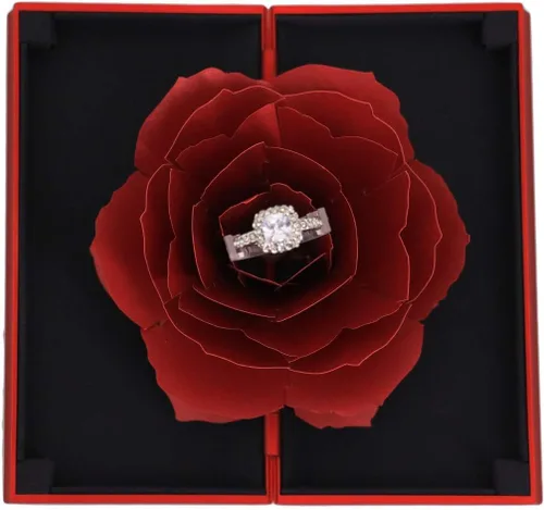 Vista 2 de Orichane Caja de anillo de compromiso de rosa, caja de regalo de terciopelo, caja de regalo para boda, San Valentín (caja roja)