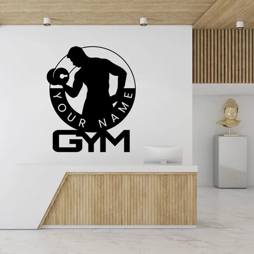 Vista 2 de Dibujo de culturista personalizado con logotipo de gimnasio – Deportista con pintura de peso gimnasio personalizado – Culturista en marco redondo