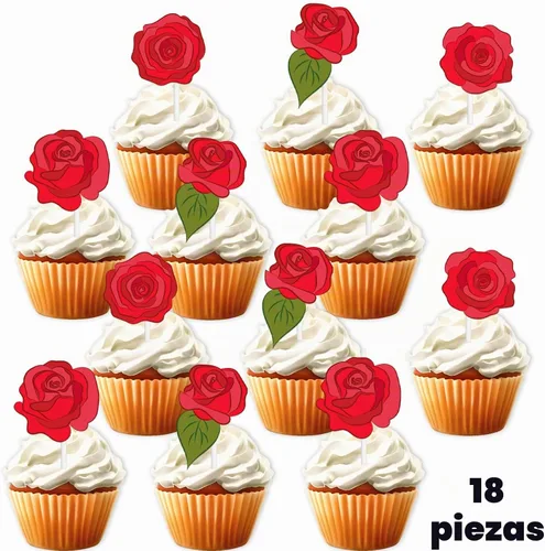 Vista 2 de 18 piezas de decoración de postre de rosas rojas para decoración de postre para el día de San Valentín, boda, aniversario, despedida de soltera