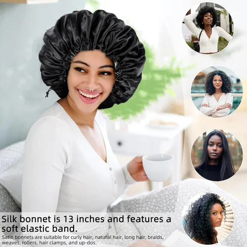 Vista 4 de Gorro de seda de satén para cabello rizado, gorro trenzado para dormir, para mujer, grande, doble capa ajustable (2 unidades, negro) Double Layer