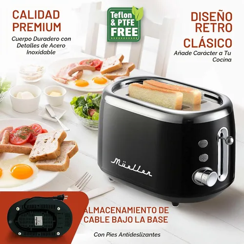 Vista 5 de MUELLER HOME Tostadora retro de 2 rebanadas, 7 niveles de tostado 3 Functions (Reheat, Defrost, Cancel), Stainless Steel Features, Removable Crumb