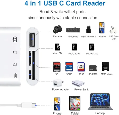 Vista 2 de Lector de tarjetas USB C a SD/MicroSD para iPhone 15/16/17, adaptador de lector de tarjetas de memoria USB C a cámara 4 en 1 con puerto de carga