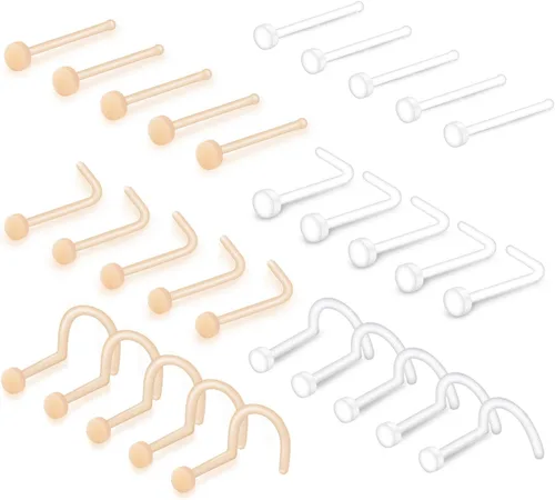 Vista 10 de QWALIT - Pendientes de nariz transparentes en forma de L, retenedor de piercing flexible, hueso nasal, color de piel, retenedor de piercing