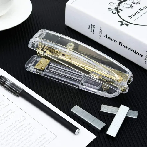 Vista 9 de FIDGET PENCIL - Engrapadora de escritorio dorada con 1000 grapas plateadas, suministros de oficina escolar, accesorio de escritorio (dorado)
