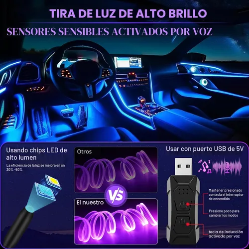 Vista 2 de LivTee - Luces LED inteligentes para interior de automóvil con puerto USB, tira de luces LED de fibra óptica, control inalámbrico por aplicación