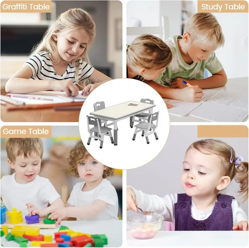 Vista 7 de Juego de mesa y 4 sillas para niños, mesa y sillas ajustables en altura para niños de 2 a 10 años, escritorio con graffiti, patas antideslizantes