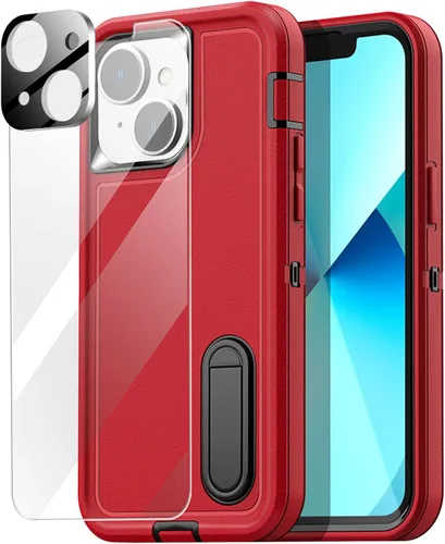 Vista 8 de AICase Funda para iPhone 13 con soporte integrado con protector de pantalla de vidrio + lente de cámara, resistente protección contra caídas, cuerpo