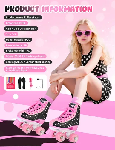 Vista 5 de SULIFEEL Patines de ruedas para niñas y mujeres con ruedas iluminadas y patrón de lunares, patines para niños y adultos para uso en interiores y al