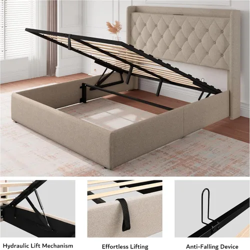Vista 5 de iPormis Base de cama de almacenamiento elevable de tamaño completo con estación de carga, base de cama de plataforma tapizada con cabecera capitoné