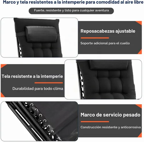 Vista 5 de Alpen Silla de gravedad cero de gran tamaño, reclinable portátil para patio Acolchado negro.