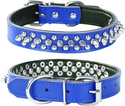 Vista 8 de Collar de perro con tachuelas, collar de perro de cuero genuino, collares ajustables para mascotas pequeñas o medianas (S, negro-1)