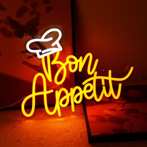 Vista 3 de Bon Appetit - Letrero LED con sombrero de chef, letras doradas, luces de neón para restaurante, estilo francés, neón regulable, LED, "16.5 x 12.6