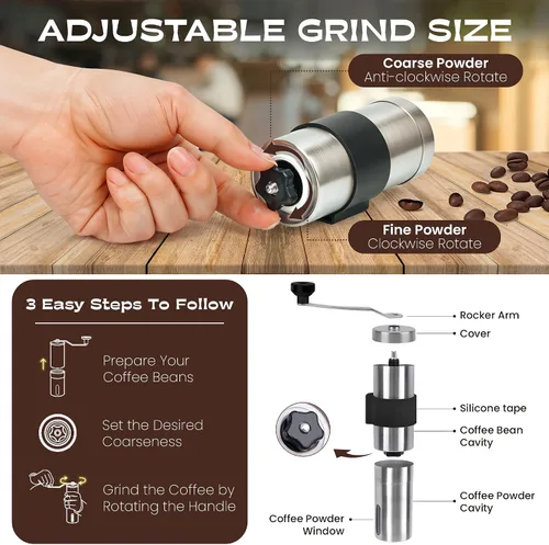 Vista 2 de Molinillo de café manual – 18 ajustes ajustables, molinillo cónico de grano de café de acero inoxidable, portátil, duradero y apto para viajes