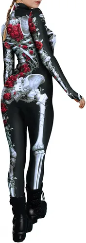 Vista 3 de Fixmatti Disfraz de fiesta de Halloween para mujer, traje de manga larga con estampado de calavera