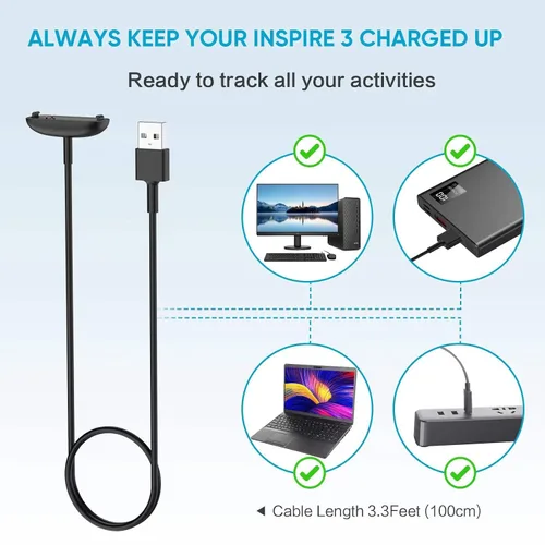 Vista 5 de [Paquete de 2] Cable de carga para Fitbit Inspire 3 (3.3 pies/1.0 pies)