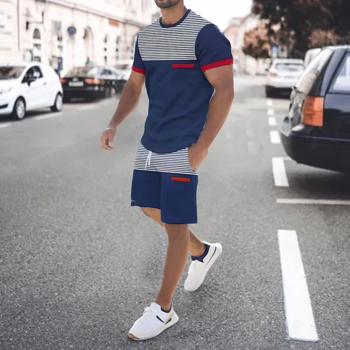 Vista 5 de Traje de manga corta para hombres para hombre, primavera, verano, ocio, deportes, transpirable, absorbente, costuras impresas, manga corta
