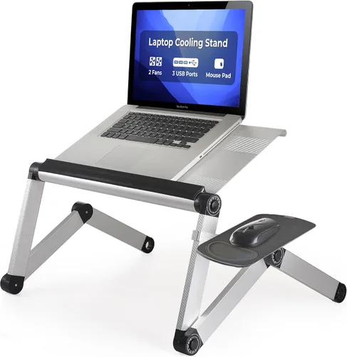 Vista 10 de WorkEZ - Soporte ajustable de refrigeración para computadora de escritorio con ventilador, puertos USB, alfombrilla de mouse, ergonómica, plegable