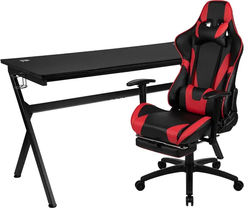 Vista 23 de Flash Furniture Juego de escritorio para juegos negro y silla de carreras blanco/negro con soporte para tazas, gancho para auriculares y soporte