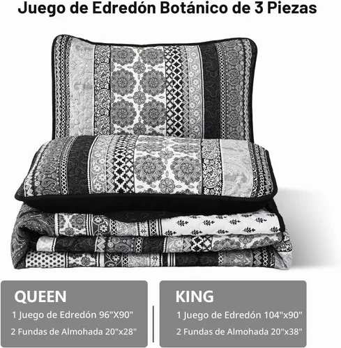 Vista 7 de WONGS BEDDING Juego de Edredón Boho Tamaño Full, Juego de Edredones Bohemios Grises de 3 Piezas, Juego de Ropa de Cama Cubrecama de Microfibra Negro