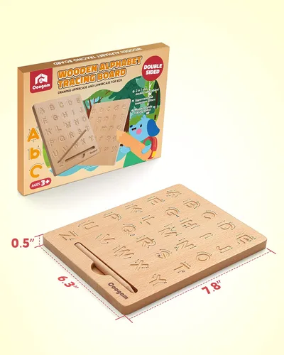 Vista 7 de Coogam Tabla de práctica de letras de madera, herramienta de rastreo del alfabeto de doble cara, herramienta de aprendizaje de escritura ABC, juego