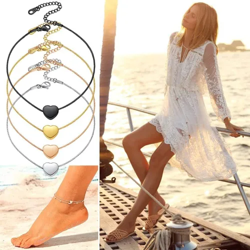Vista 6 de U7 Tobilleras de corazón para mujer, de acero inoxidable, pulsera de tobillo con forma de corazón, impermeable, joyería de playa de verano