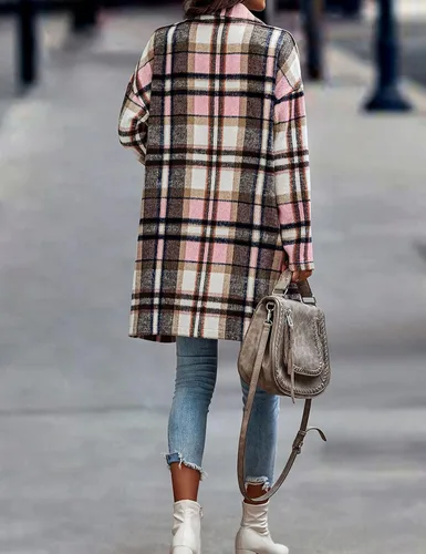 Vista 3 de SeekMe Chaqueta a cuadros para mujer, chaqueta de franela casual, mezcla de lana, gabardina de tartán para otoño