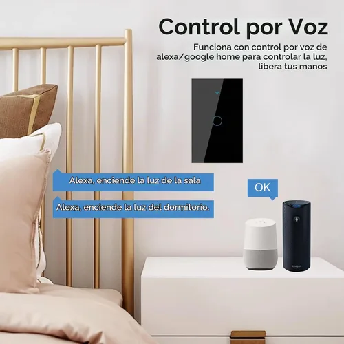Vista 2 de Interruptor de luz de pared inteligente WiFi, estándar estadounidense, control de voz, panel de vidrio templado, interruptores táctiles Wi-Fi de 2.4