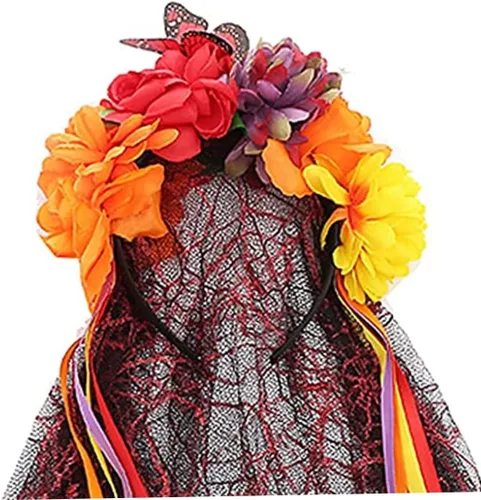 Vista 4 de Naisicore Velo negro para Halloween, velo negro, Halloween, corona de flores mexicanas, disfraz de fiesta Día de los Muertos Día de los Muertos NC12