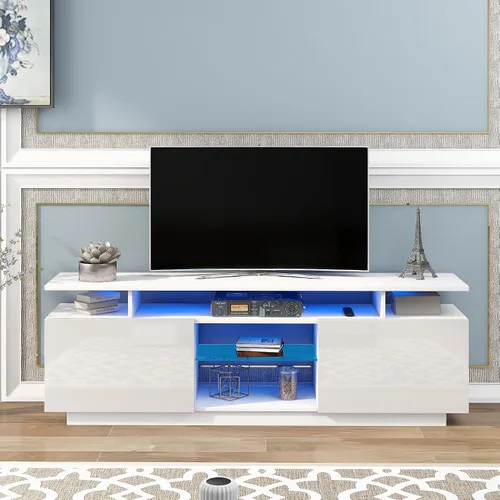 Vista 29 de Soporte de TV versátil de alto brillo con luces LED que cambian de color y 2 estantes de vidrio templado, centro de entretenimiento para televisores