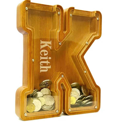Vista 2 de Hucha Personalizada de Madera con Alfabeto - Hucha para Niños - Hucha para Niños y Niñas - Hucha de Monedas - Banco - Puede Usarse como Regalo