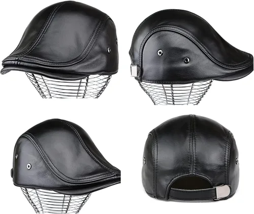 Vista 5 de Sombrero ajustable de hombre estilo Newsboy con boina, sombrero de cuero genuino para conducir, caza, pesca, gorra Ivy de moda, sombrero plano