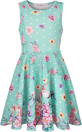 Vista 2 de LaBeca - Vestido sin mangas o de manga larga para niñas, vestidos casuales con diseño de unicornio o sirena para niñas pequeñas o grandes