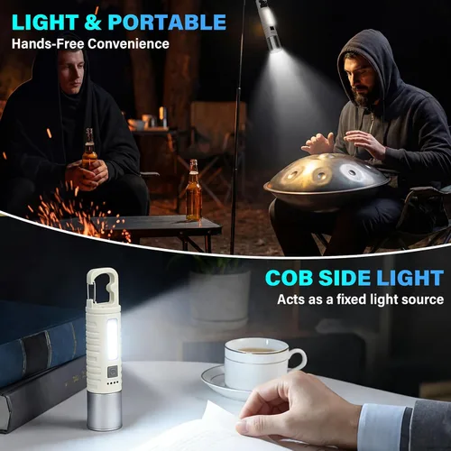 Vista 6 de Pequeña linterna LED recargable, luz de mano ultraligera de 500 lm con luz lateral COB, zoomable, 4 modos, USB-C, perfecta para campamento, corte