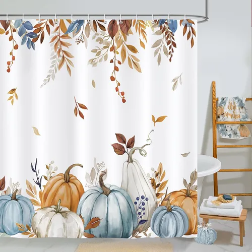Vista 8 de Bonhause Cortina de ducha de calabaza de otoño, calabazas azules y verdes, hojas de otoño, decoración de baño de Acción de Gracias, 72 x 72