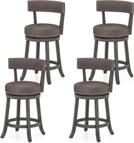 Vista 9 de COSTWAY Taburete de bar giratorio de 27 pulgadas, con respaldo acolchado y patas de madera de goma, silla de desayuno para isla de cocina