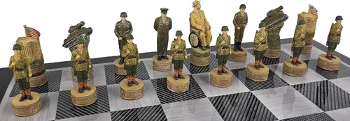 Vista 8 de Juego de ajedrez de la Segunda Guerra Mundial de Estados Unidos vs Alemania con tablero de color de fibra de carbono negro de 18 pulgadas WW2