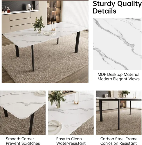 Vista 3 de HIPIHOM Mesa de comedor extensible para 6-8 personas, mesa rectangular de 63 a 78.7 pulgadas, MDF blanco con patas de metal resistentes, ahorro