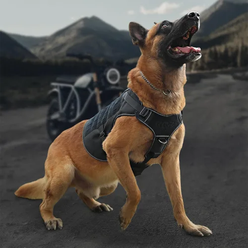 Vista 5 de Arnés táctico para perro, arnés para perro sin tirones, chaleco militar con clips metálicos ajustables, arnés reflectante para perros grandes
